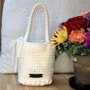 Handmade White Knit Bucket Bag + Black Coin Purse Woven Crochet Mini Tote Summer